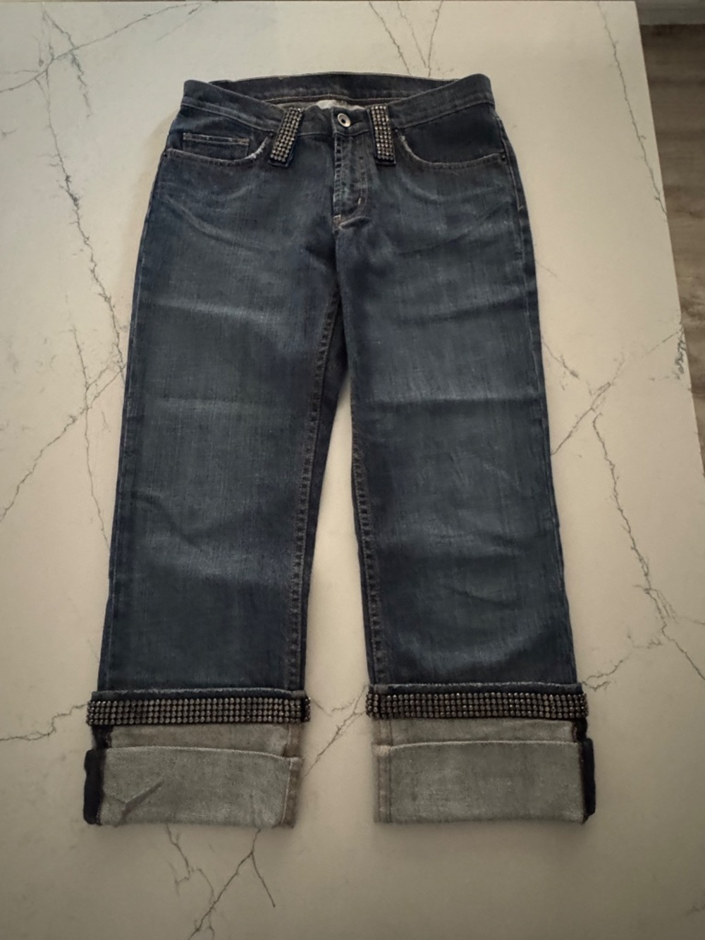 X2 Denim Laboratory Crop Double Cuffed Bootcut  Rhinestone Jeans Size 31 - Picture 2 of 10